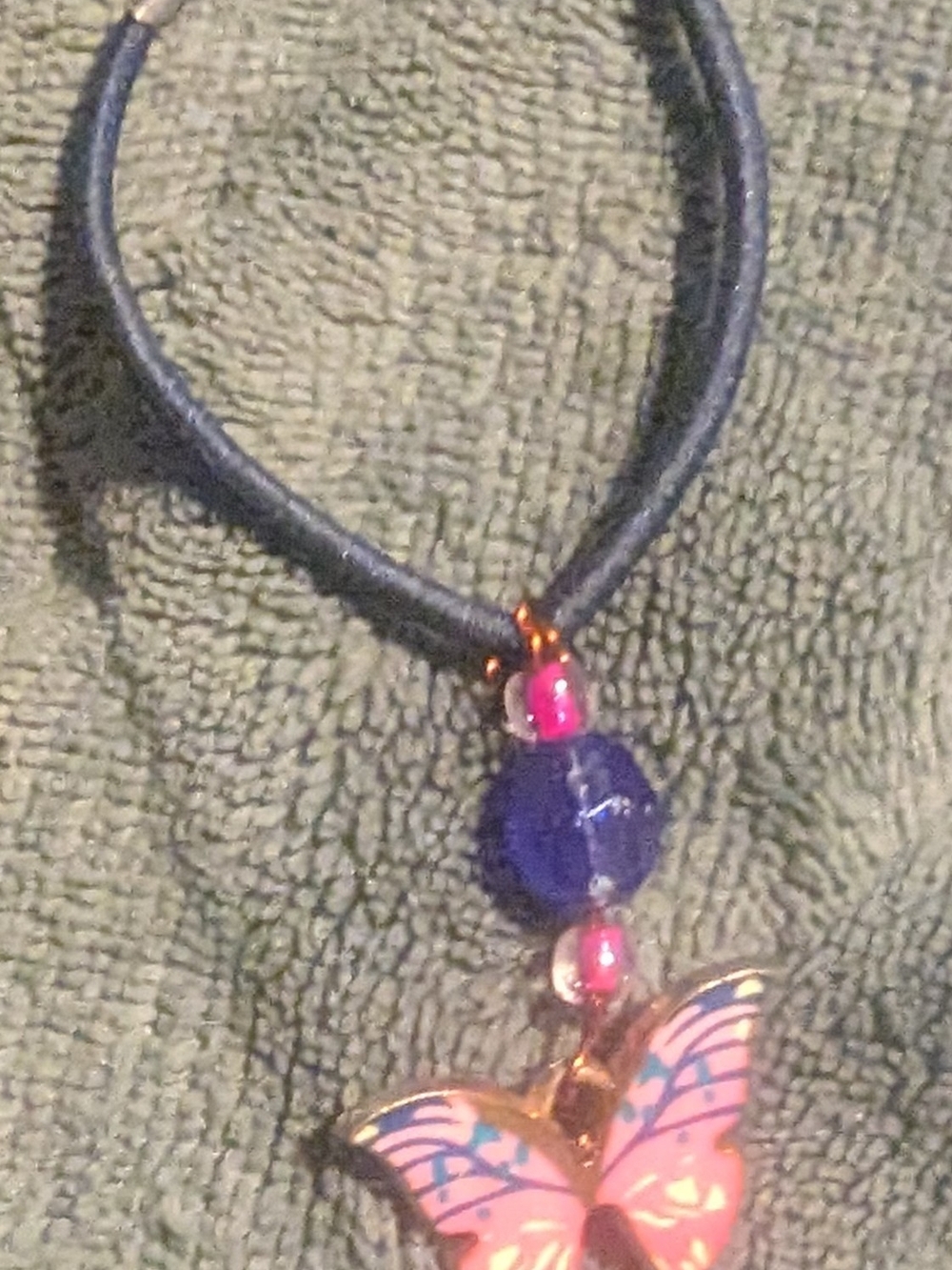 Pink Butterfly Pendant Ponytail Holder with Blue Bead